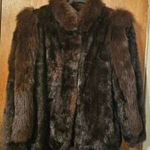 Dark Mahogany Mink and Brown Fox Fur Collar and Shoulder Trim Coat